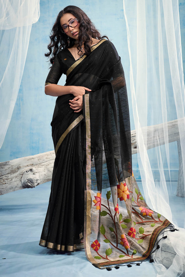 Bistre Black Zari Woven Pure Munga Cotton saree