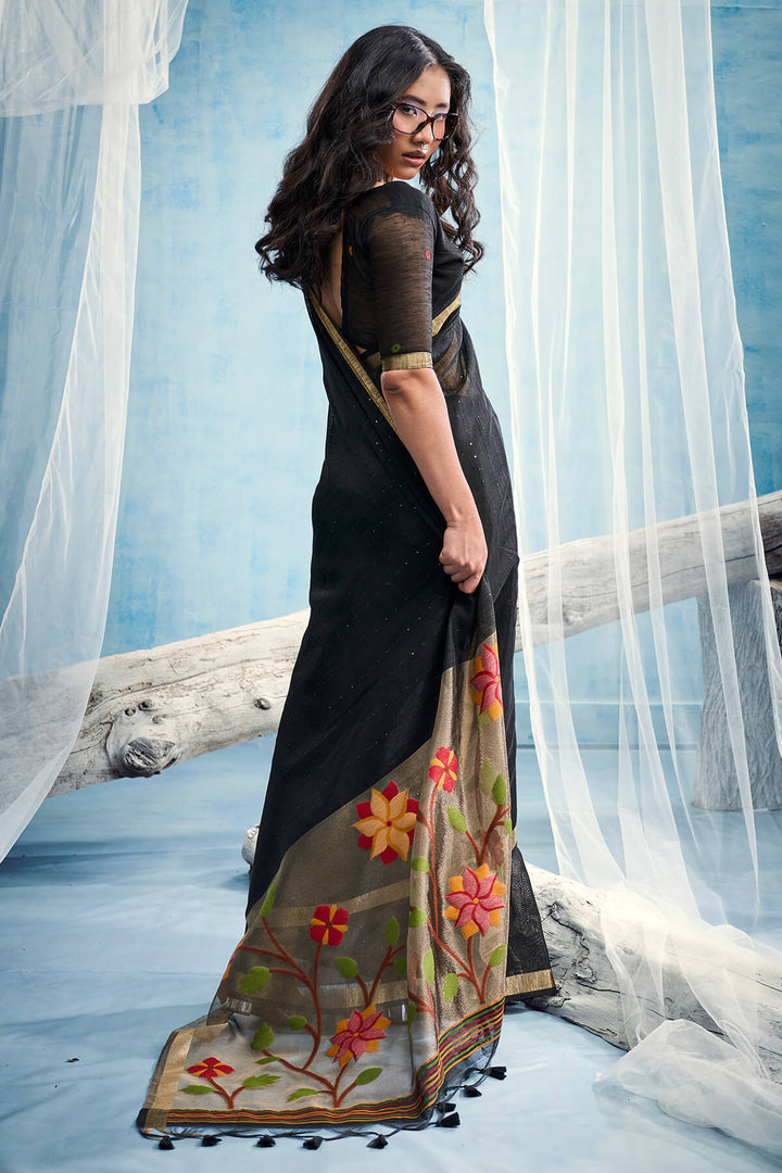 Bistre Black Zari Woven Pure Munga Cotton saree