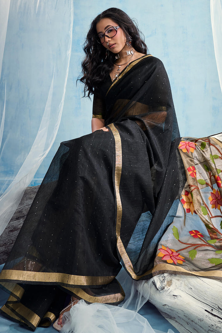 Bistre Black Zari Woven Pure Munga Cotton saree