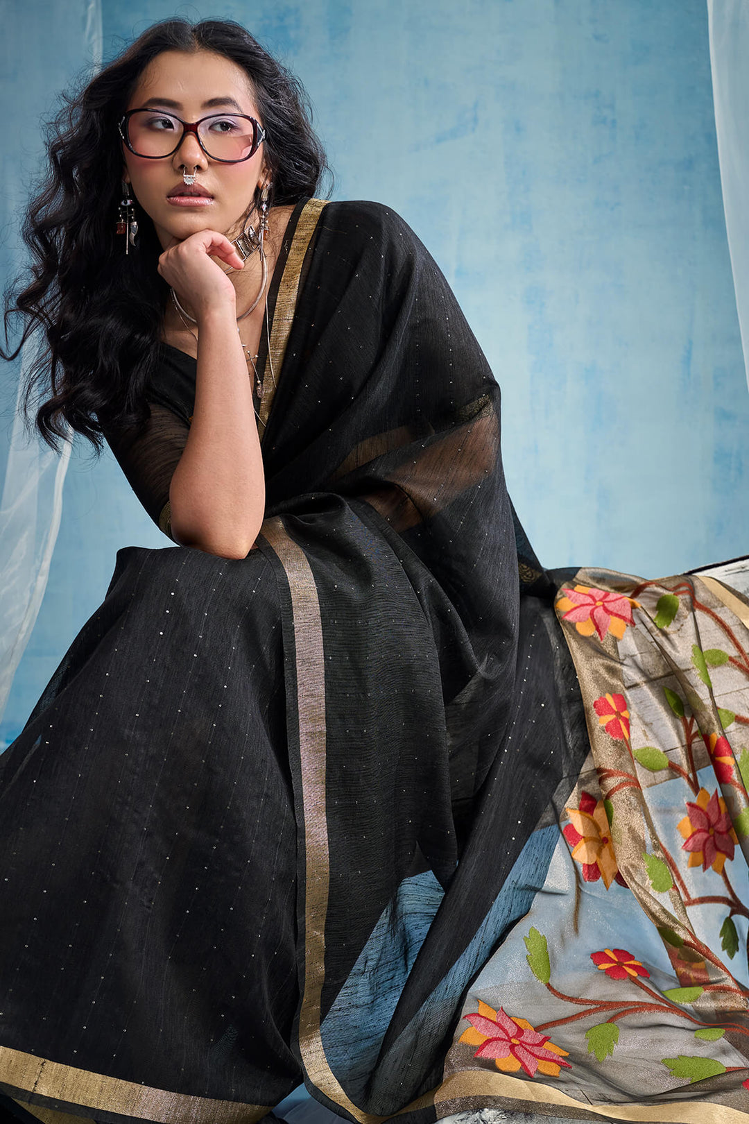 Bistre Black Zari Woven Pure Munga Cotton saree