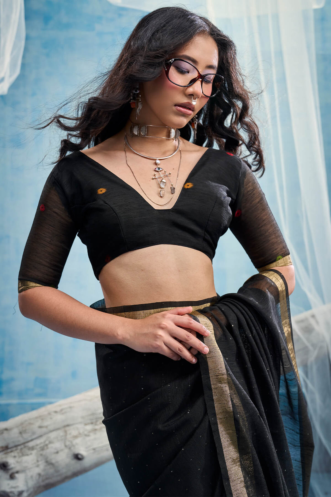 Bistre Black Zari Woven Pure Munga Cotton saree