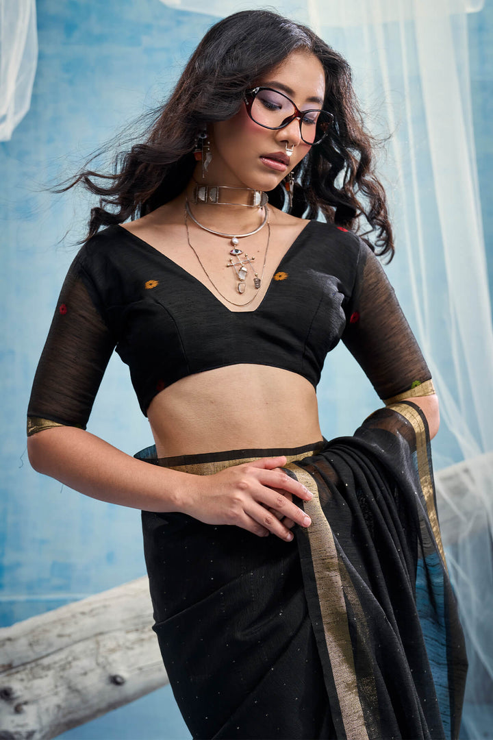 Bistre Black Zari Woven Pure Munga Cotton saree