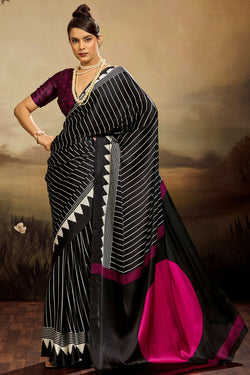 Bitter Black Ajrakh Printed Satin Silk Saree
