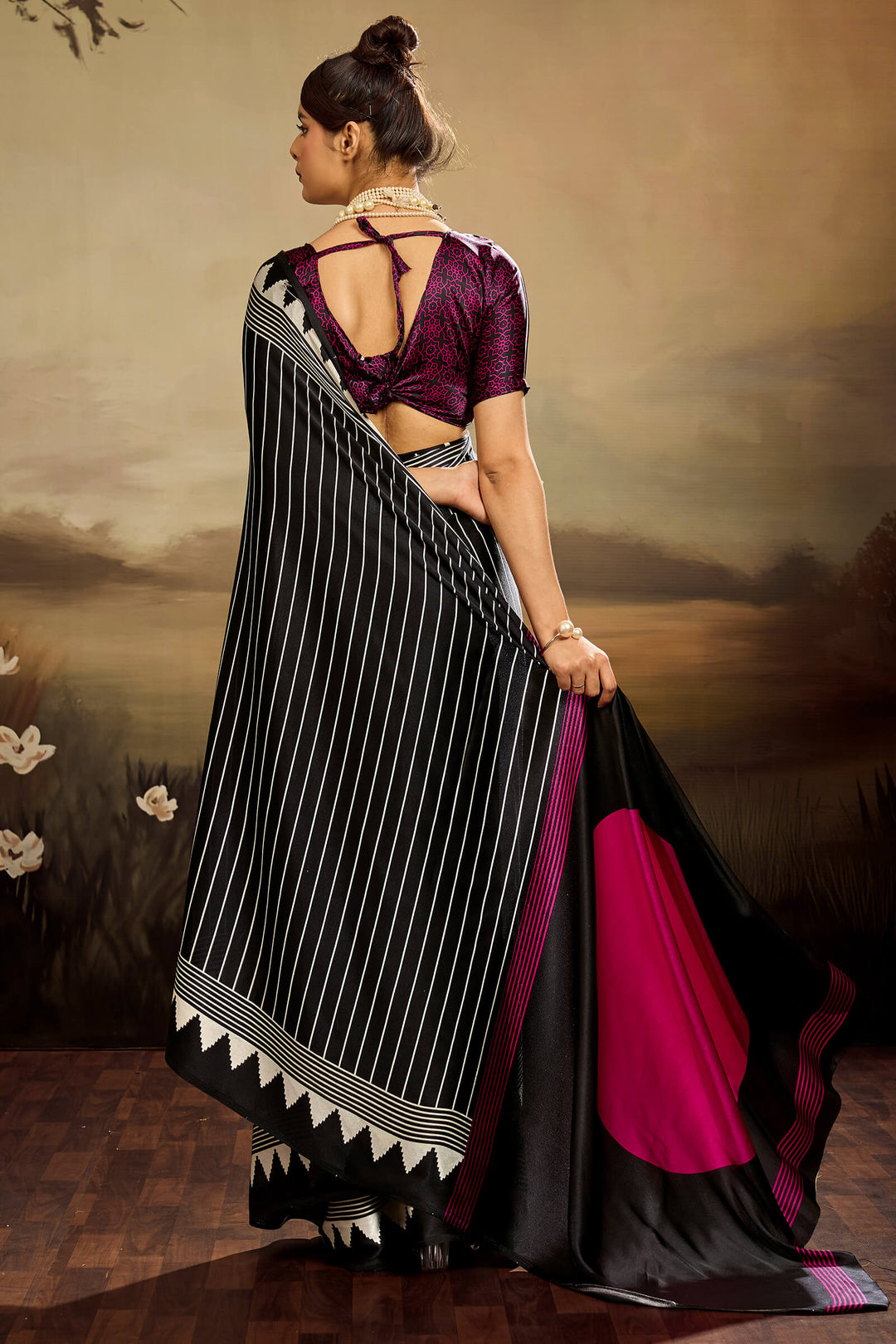 Bitter Black Ajrakh Printed Satin Silk Saree