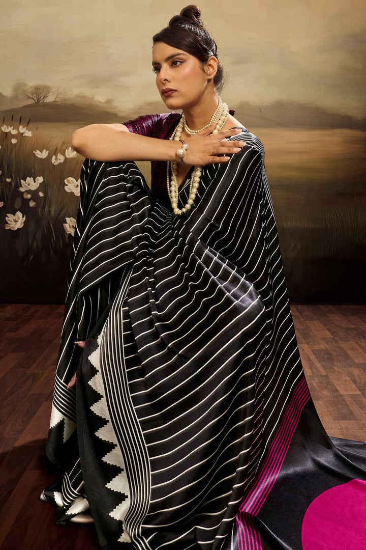 Bitter Black Ajrakh Printed Satin Silk Saree