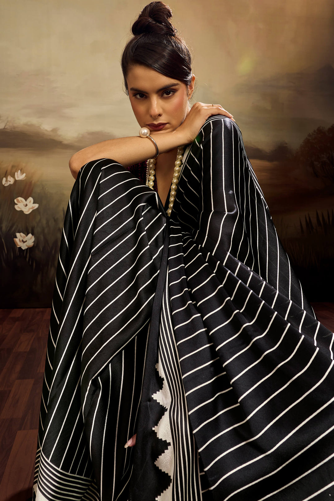 Bitter Black Ajrakh Printed Satin Silk Saree