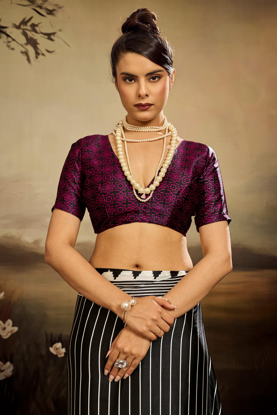 Bitter Black Ajrakh Printed Satin Silk Saree