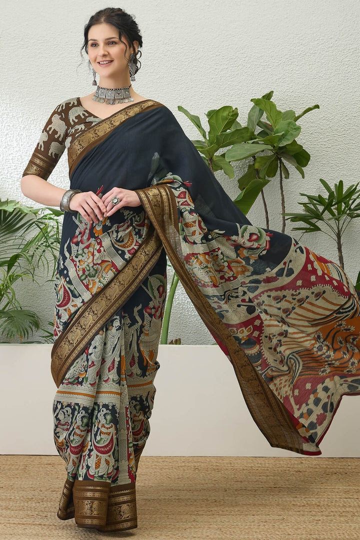 Bitter Black Kalamkari Printed Cotton Silk Saree