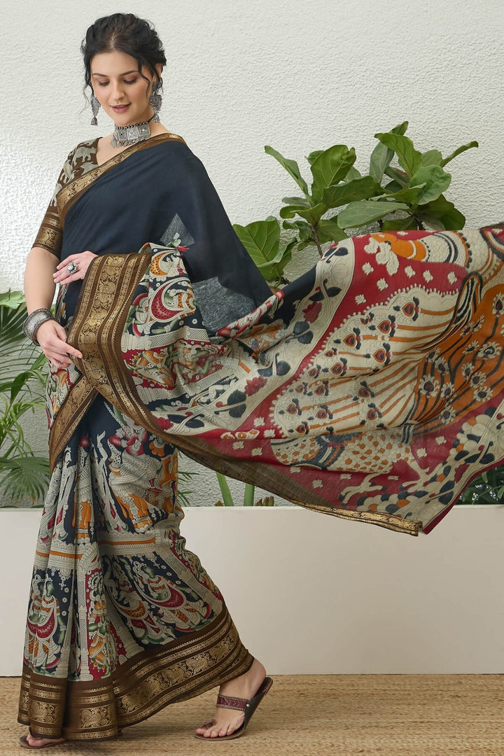 Bitter Black Kalamkari Printed Cotton Silk Saree