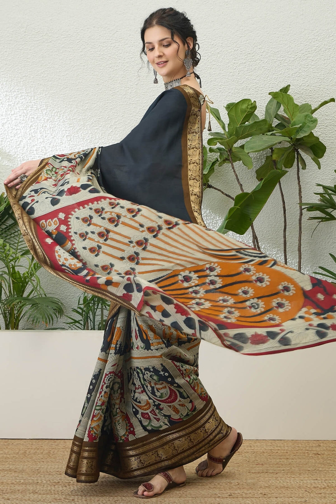 Bitter Black Kalamkari Printed Cotton Silk Saree