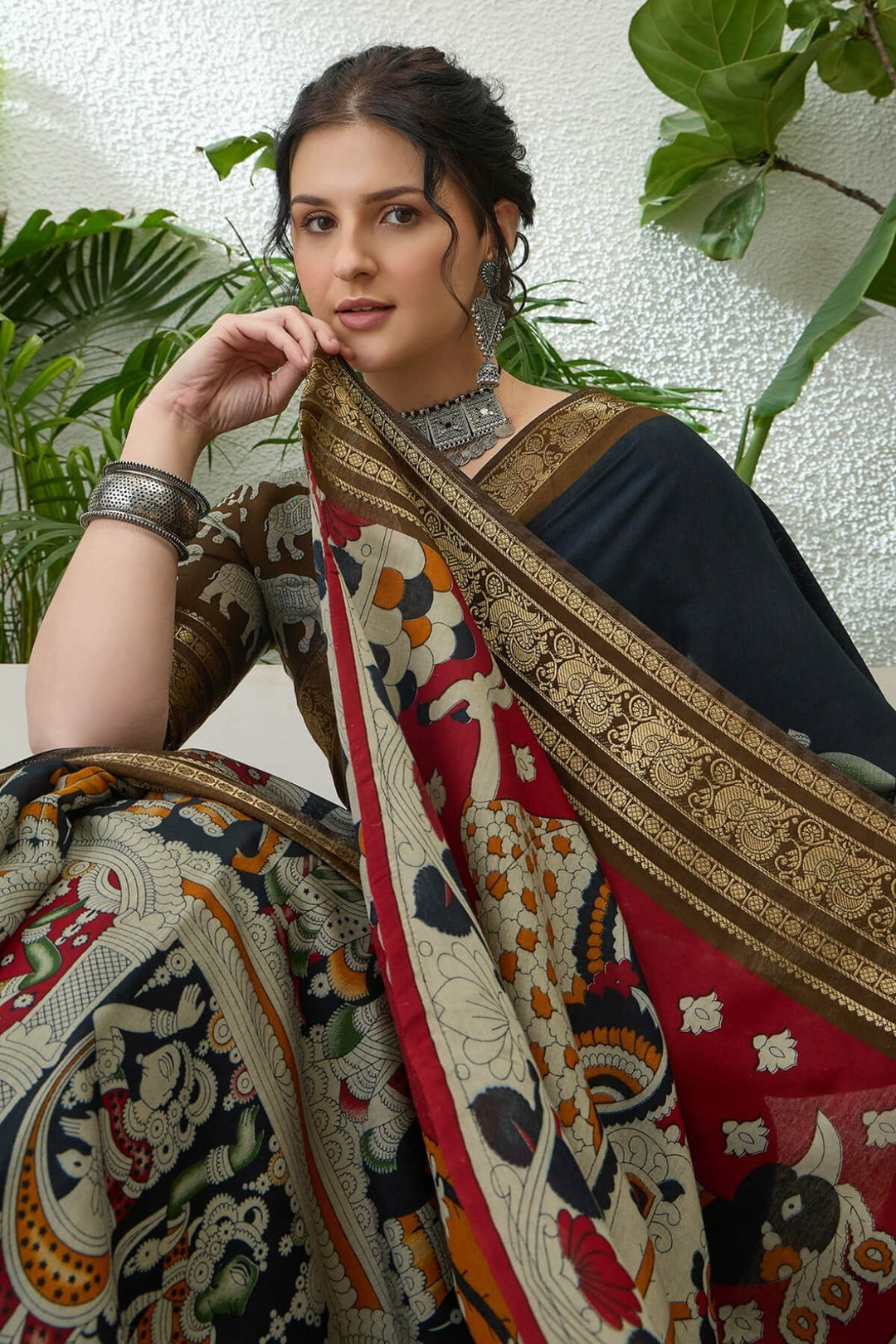Bitter Black Kalamkari Printed Cotton Silk Saree