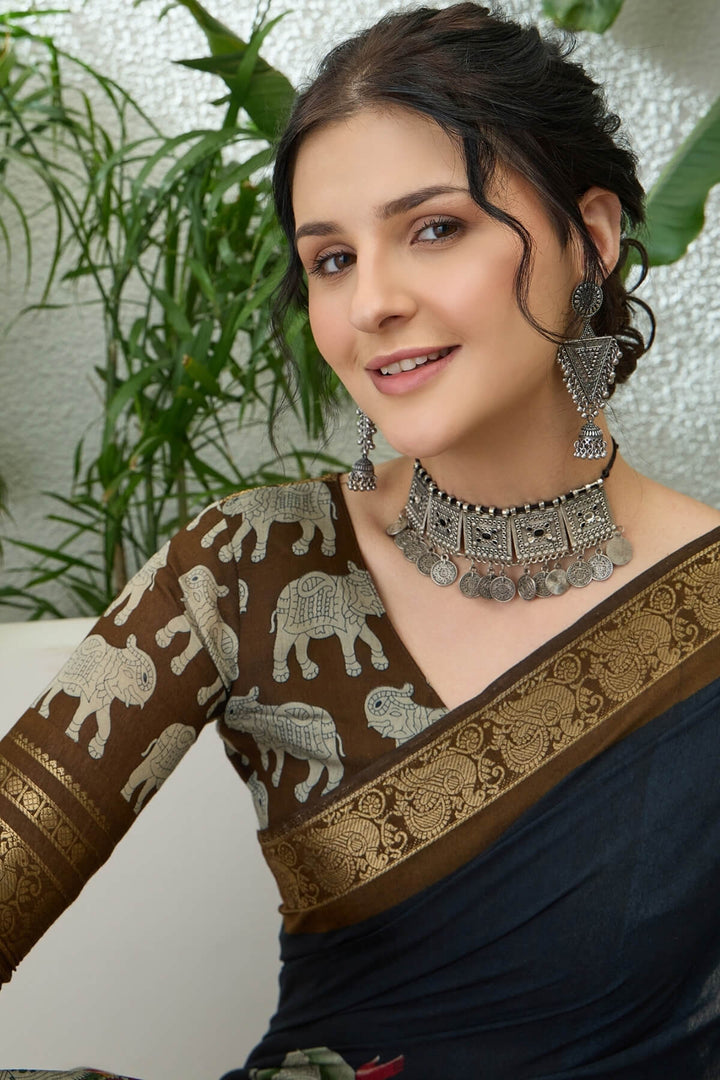 Bitter Black Kalamkari Printed Cotton Silk Saree