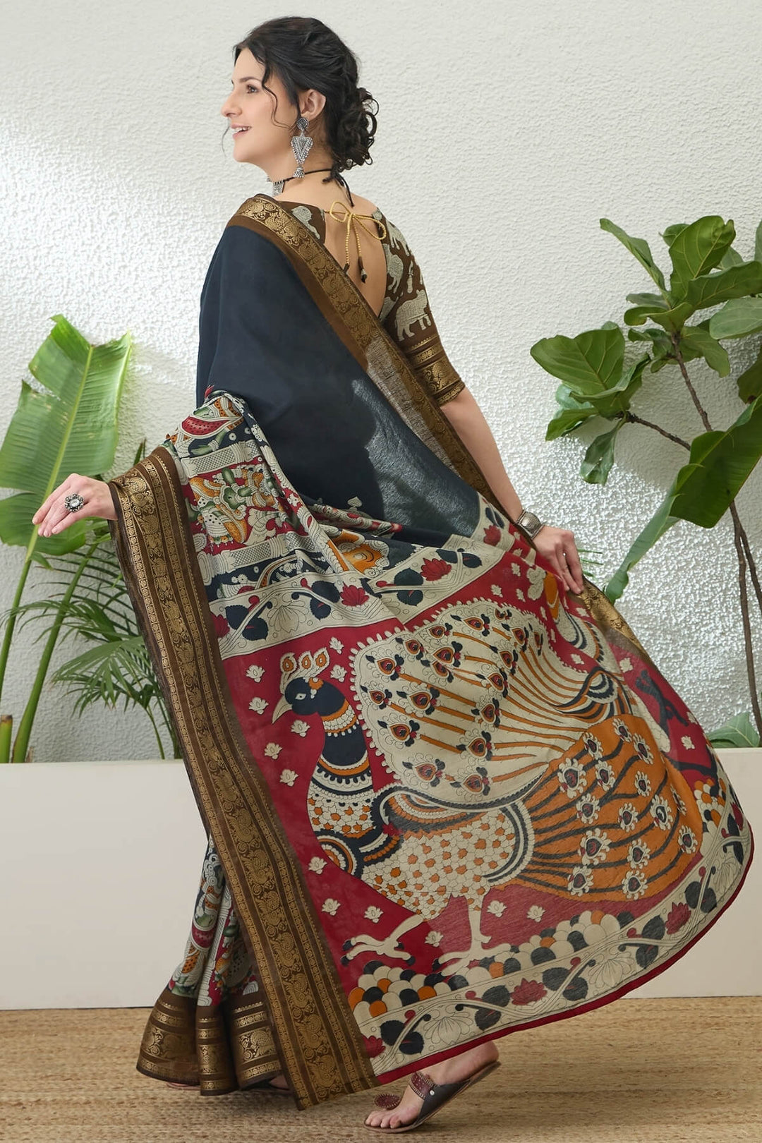 Bitter Black Kalamkari Printed Cotton Silk Saree