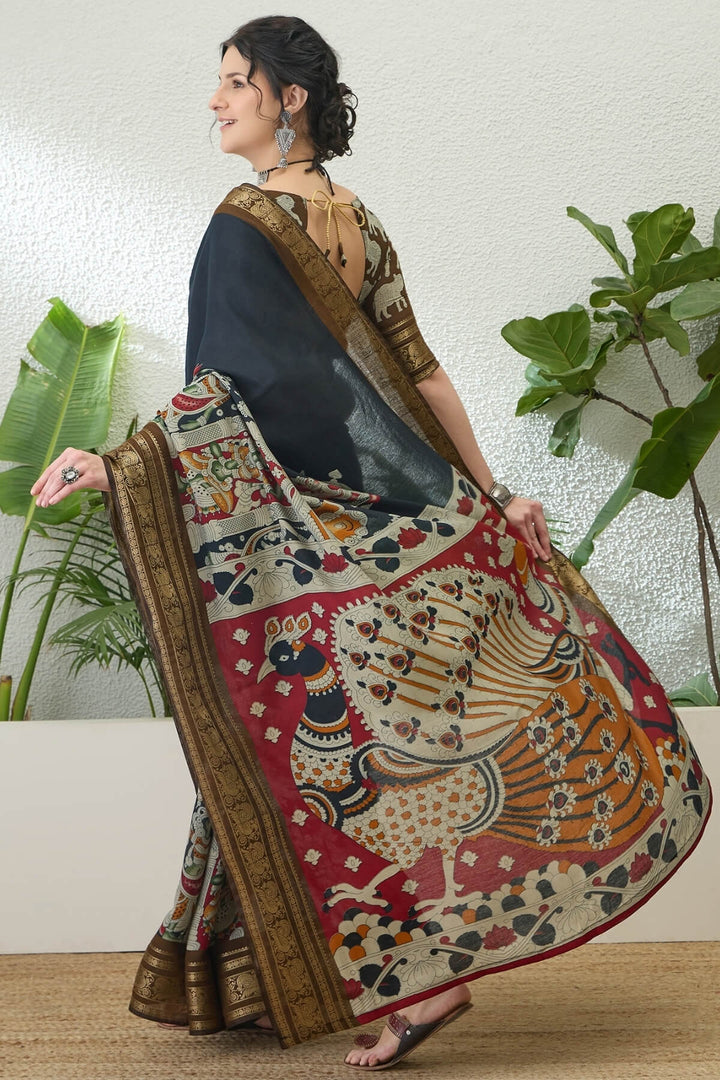 Bitter Black Kalamkari Printed Cotton Silk Saree