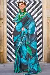 Black and Blue Printed Satin Georgette Silk Saree