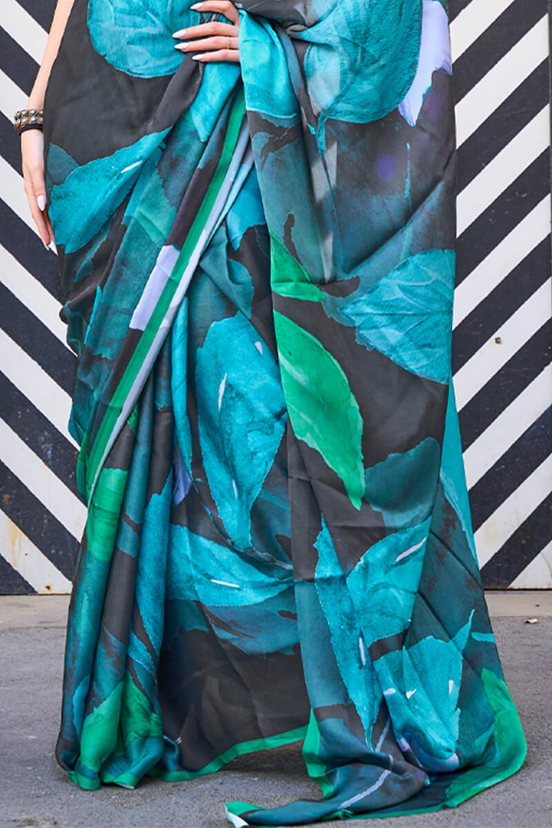 Black and Blue Printed Satin Georgette Silk Saree