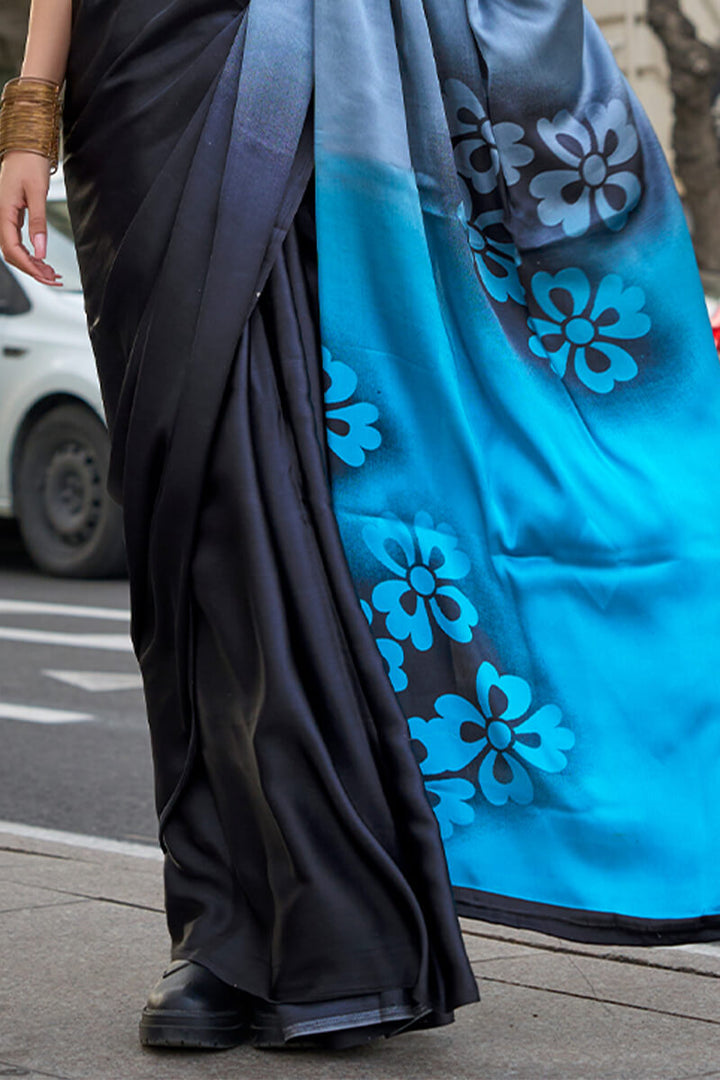 Black and Blue Printed Satin Silk Saree