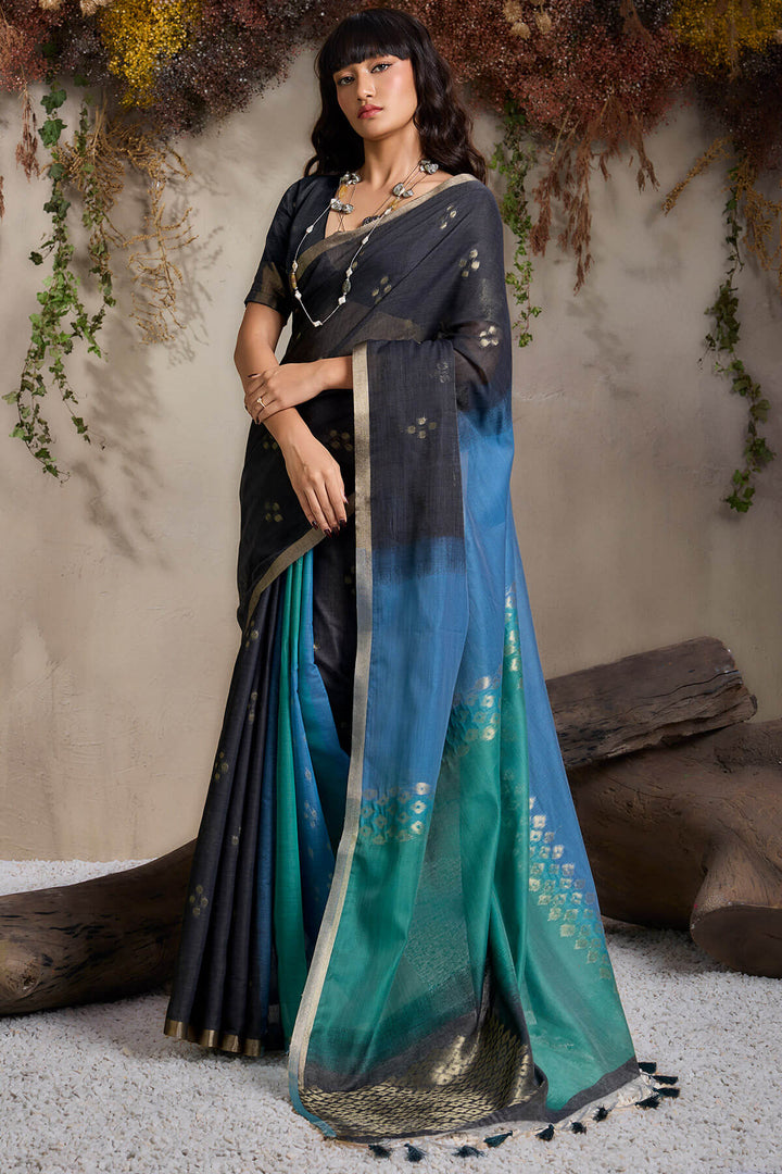 Black and Blue Viscose Cotton Silk Saree