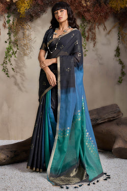 Black and Blue Viscose Cotton Silk Saree