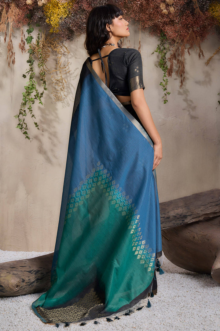 Black and Blue Viscose Cotton Silk Saree