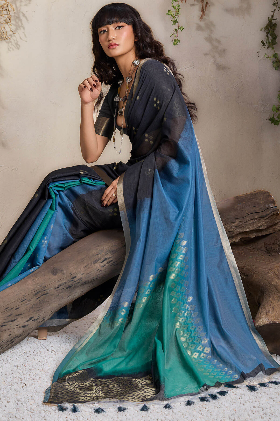 Black and Blue Viscose Cotton Silk Saree