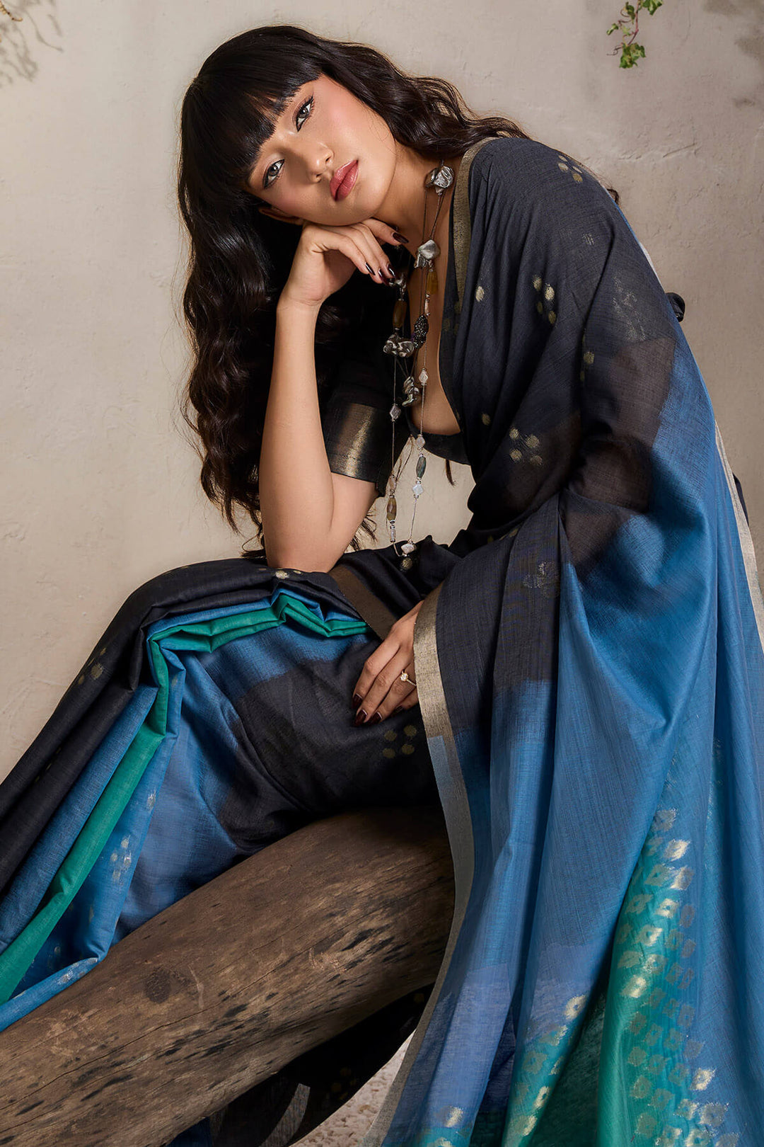 Black and Blue Viscose Cotton Silk Saree