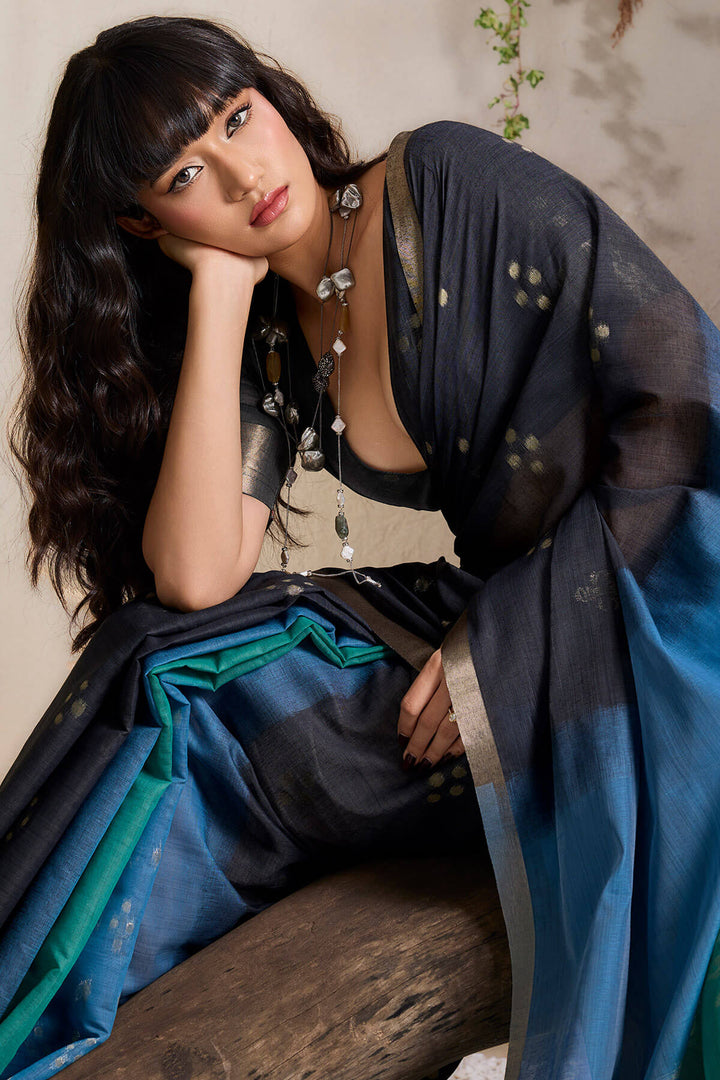 Black and Blue Viscose Cotton Silk Saree