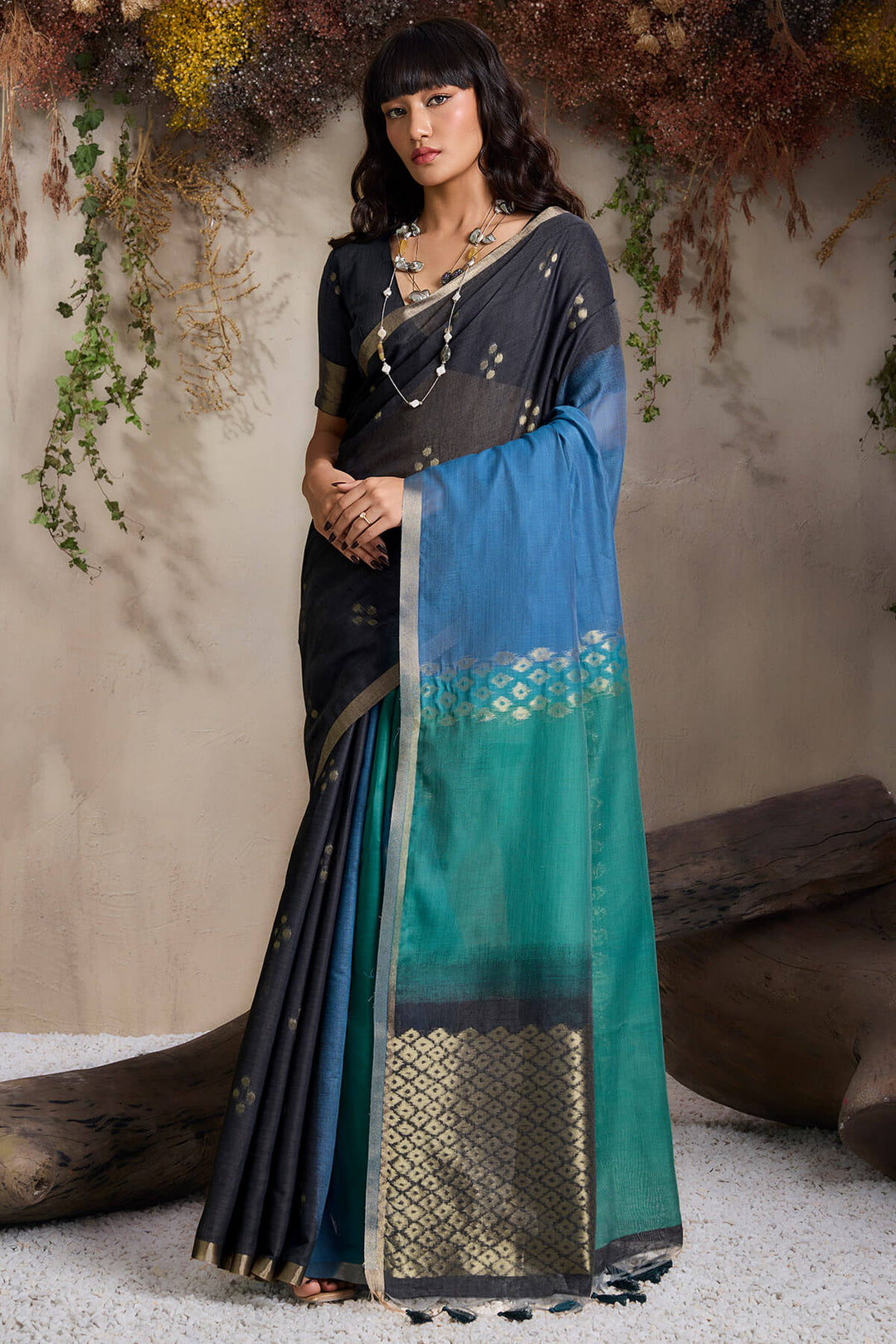 Black and Blue Viscose Cotton Silk Saree