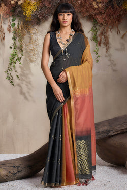 Black and Brown Viscose Cotton Silk Saree