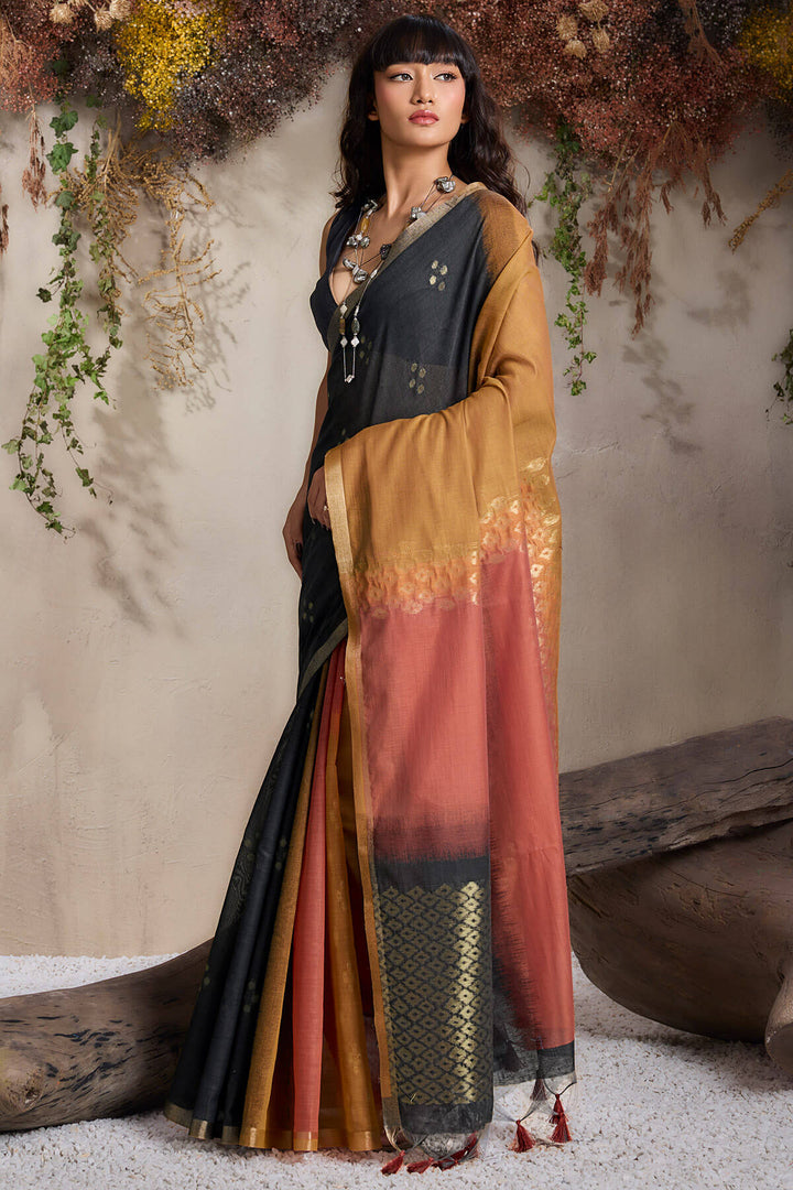 Black and Brown Viscose Cotton Silk Saree