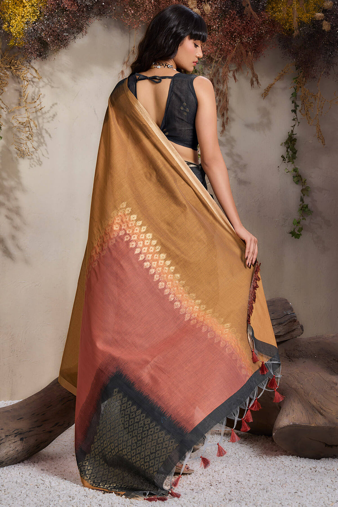 Black and Brown Viscose Cotton Silk Saree