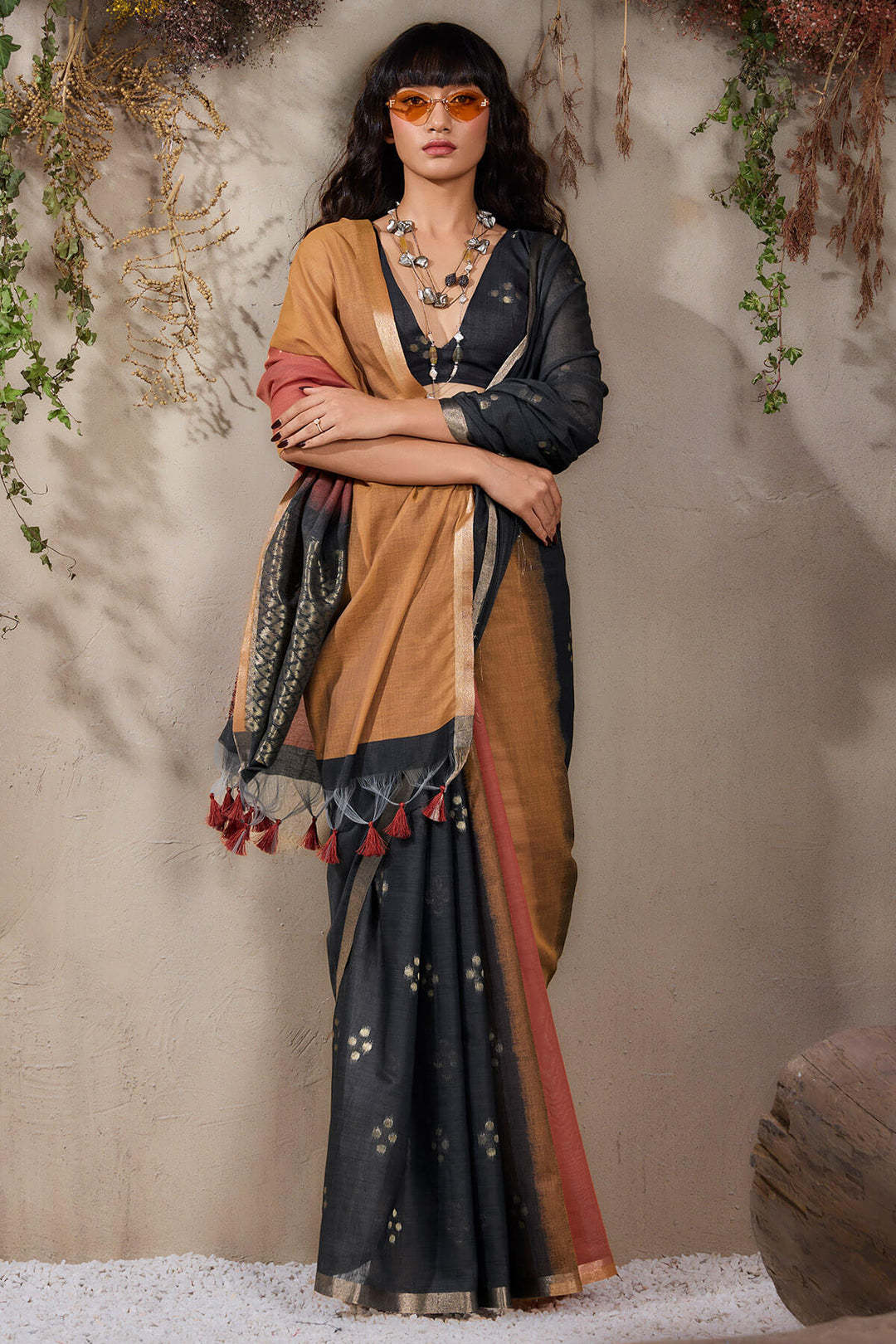 Black and Brown Viscose Cotton Silk Saree