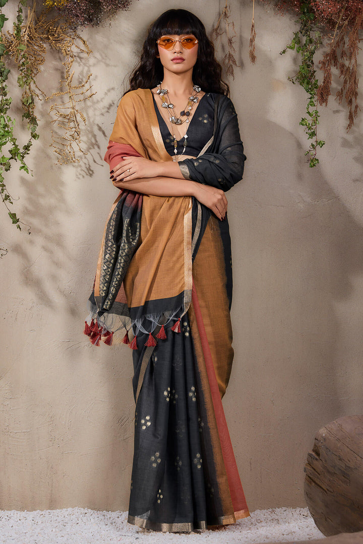 Black and Brown Viscose Cotton Silk Saree