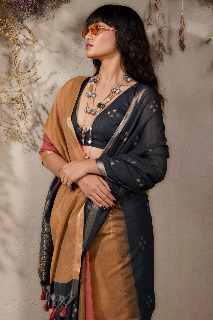 Black and Brown Viscose Cotton Silk Saree
