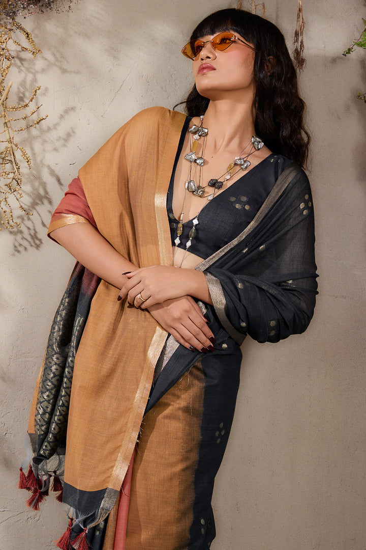 Black and Brown Viscose Cotton Silk Saree