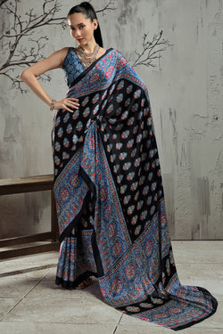 Black and Cobalt Blue Ajrakh Printed Satin Silk Saree