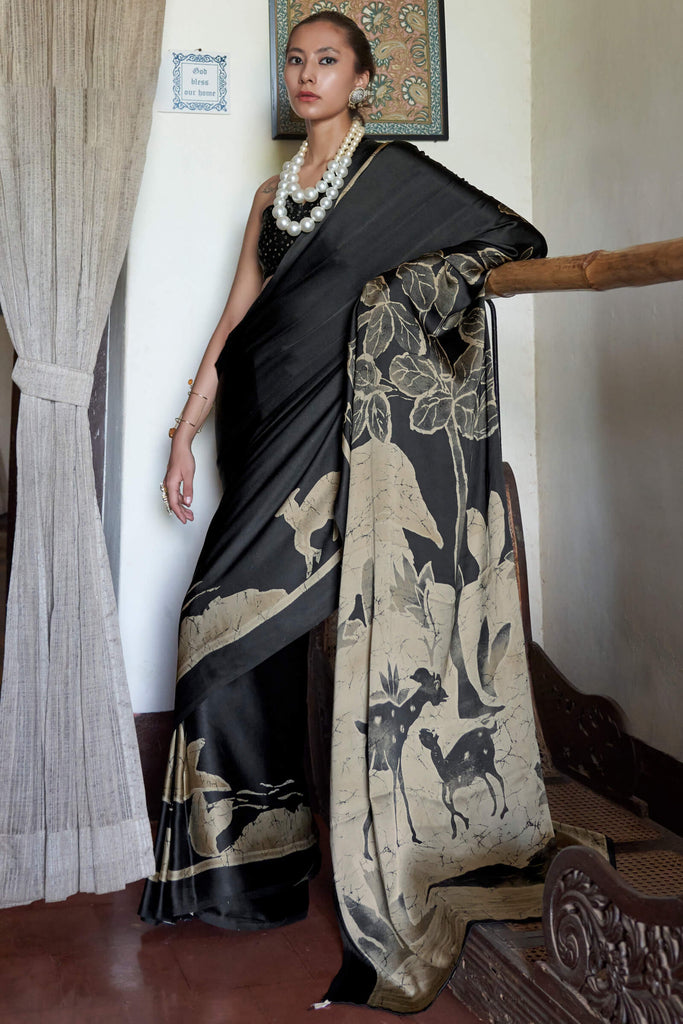 Black and Dark Beige Printed Satin silk Saree