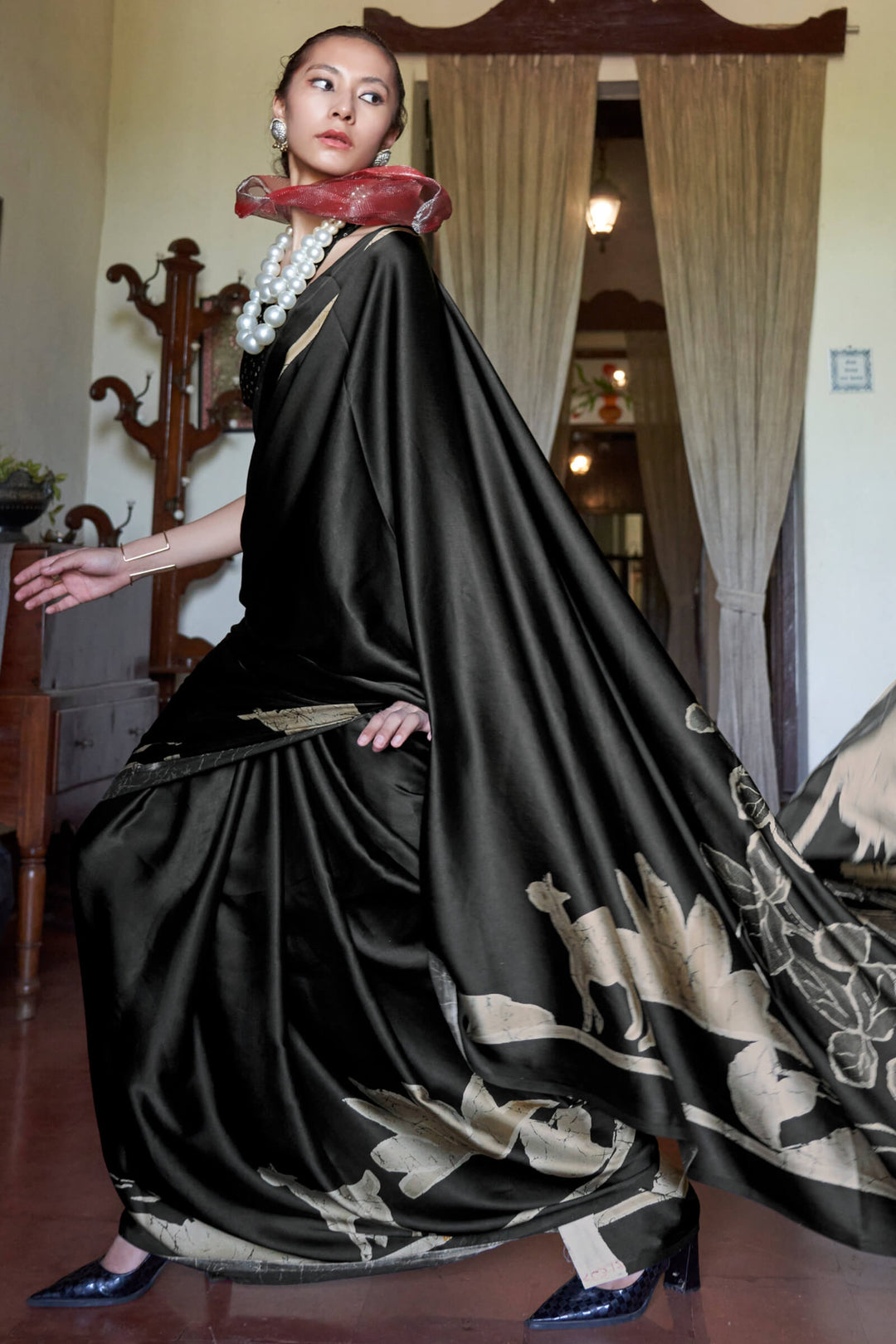 Black and Dark Beige Printed Satin silk Saree
