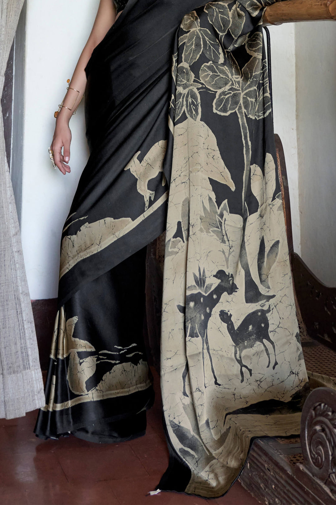 Black and Dark Beige Printed Satin silk Saree