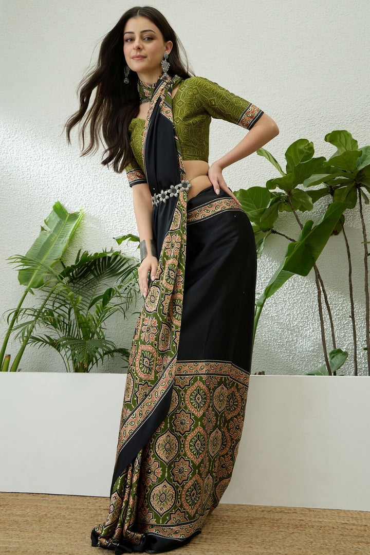 Black and Green Printed Satin Silk Saree