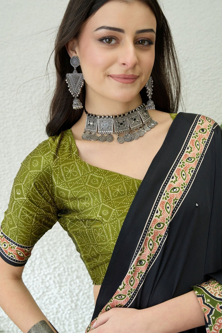 Black and Green Printed Satin Silk Saree
