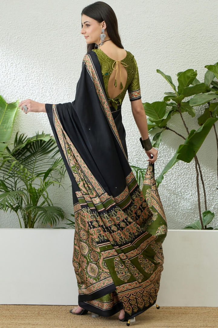 Black and Green Printed Satin Silk Saree