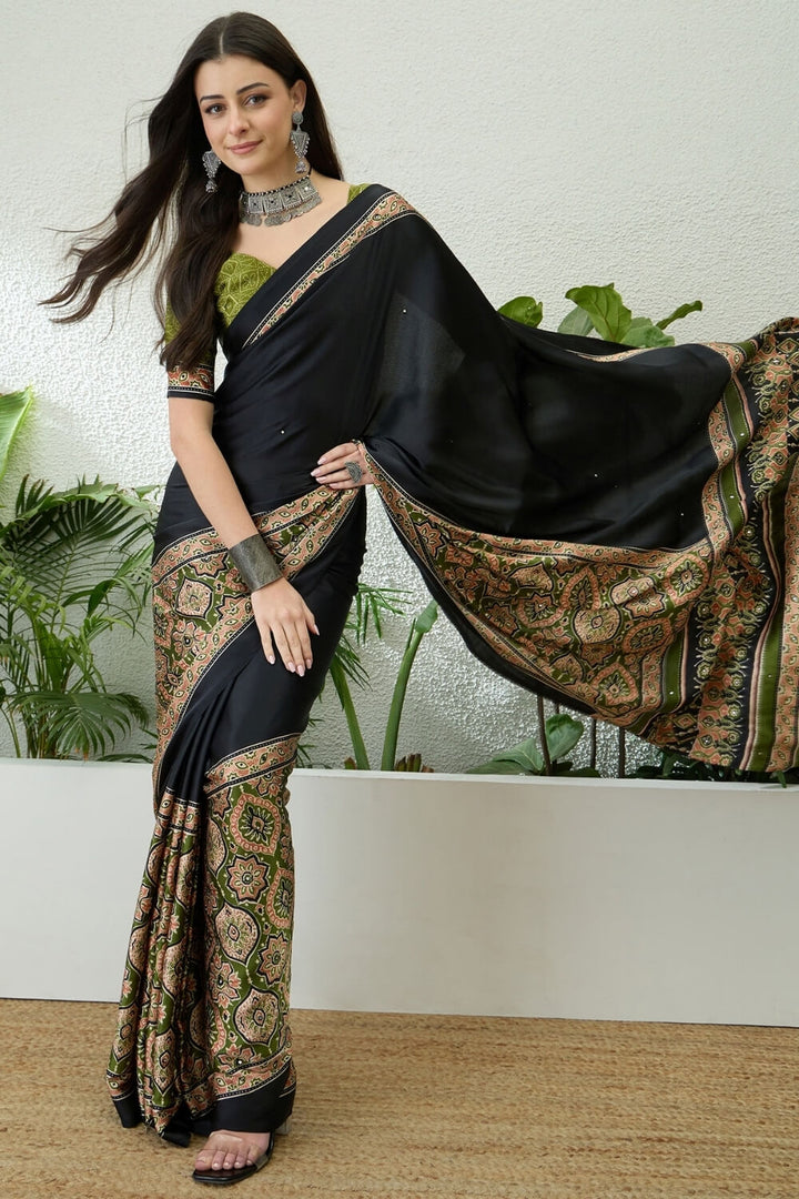 Black and Green Printed Satin Silk Saree