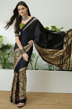 Black and Green Printed Satin Silk Saree