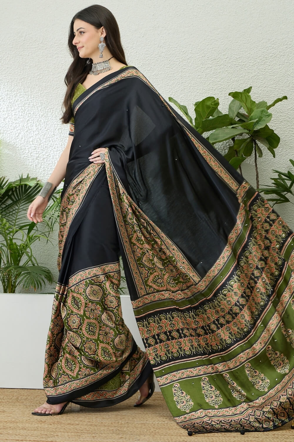 Black and Green Printed Satin Silk Saree