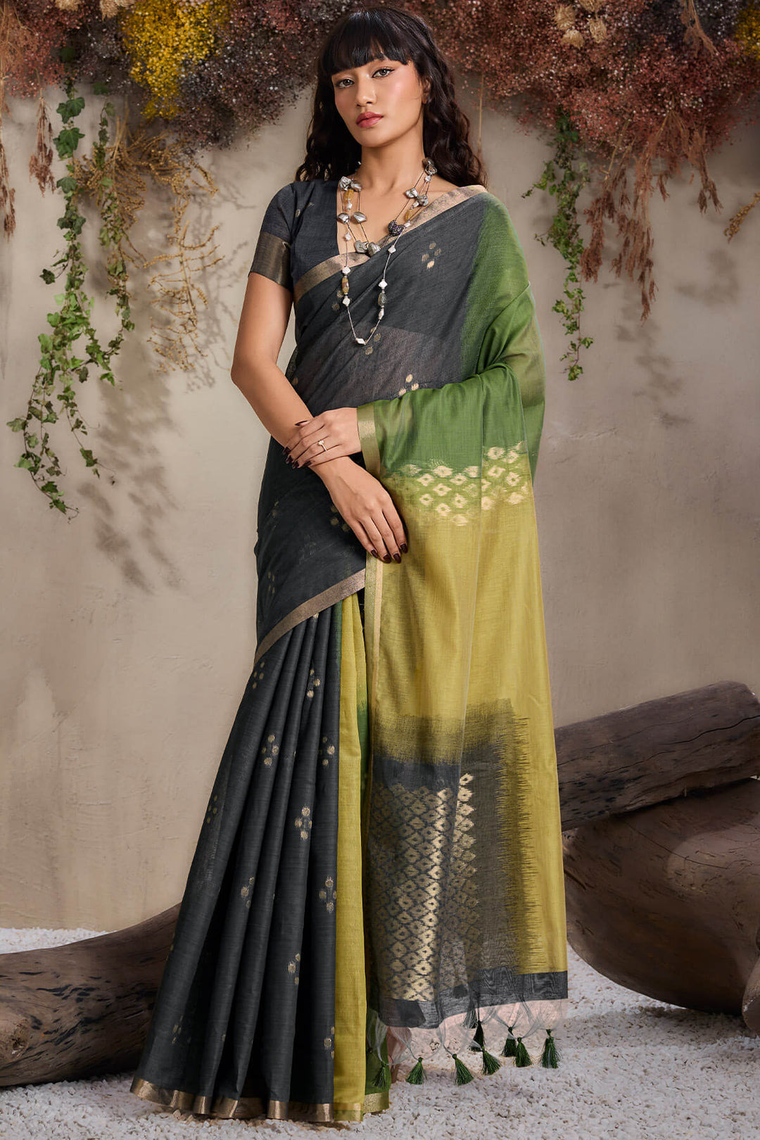 Black and Green Viscose Cotton Silk Saree