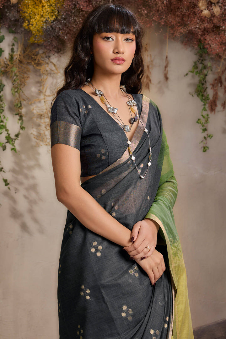 Black and Green Viscose Cotton Silk Saree