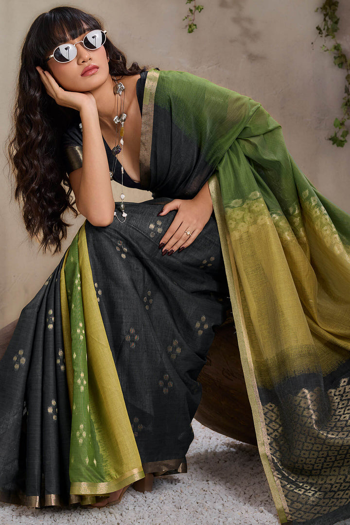 Black and Green Viscose Cotton Silk Saree