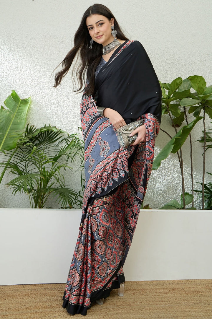 Black and Grey Printed Satin Silk Saree