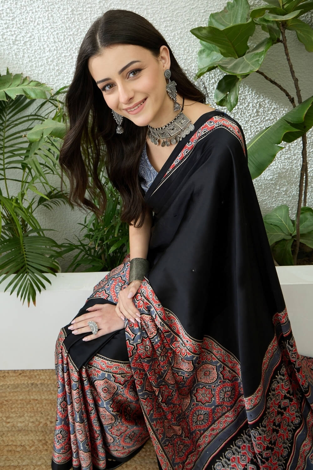 Black and Grey Printed Satin Silk Saree